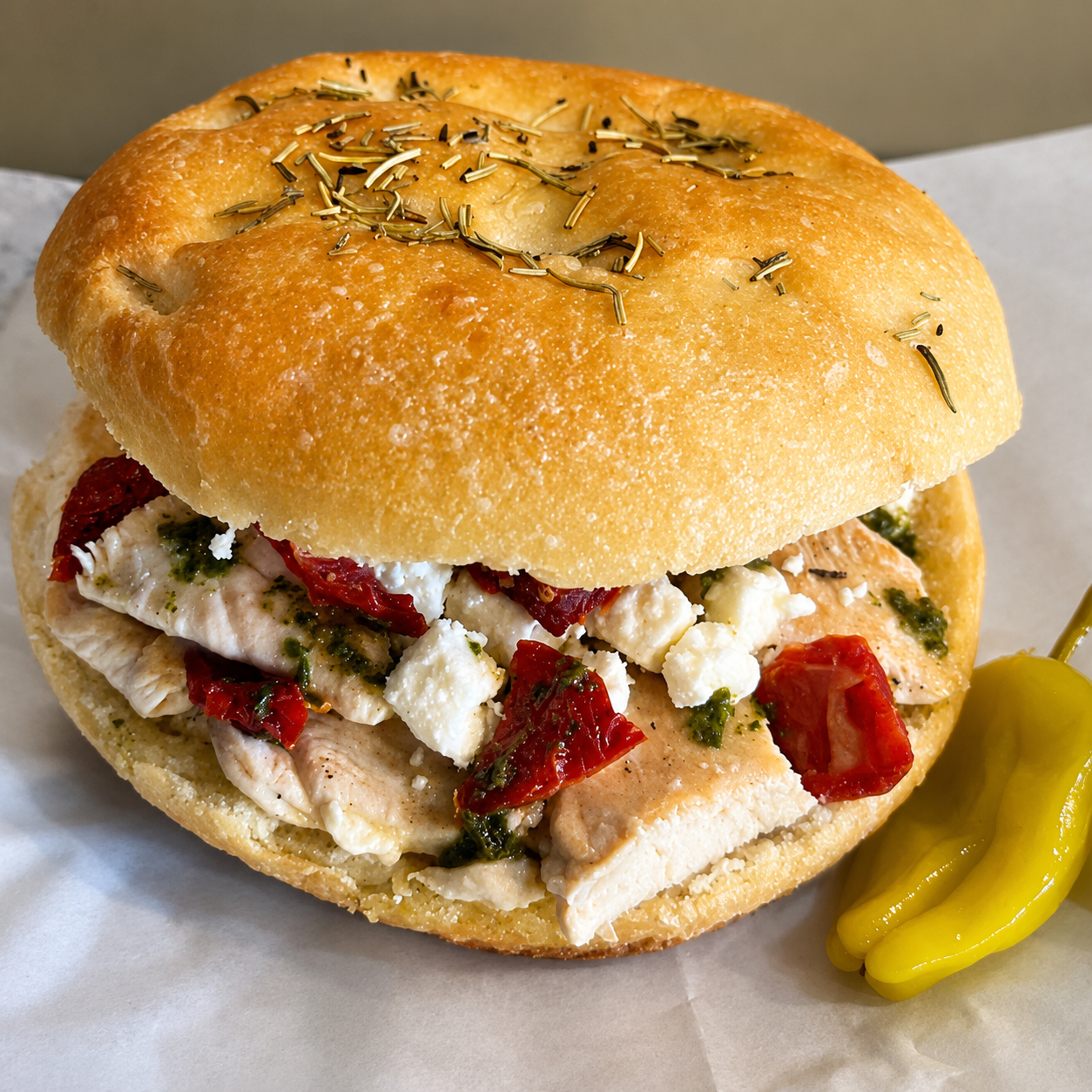 Mediterranean chicken panini on focaccia